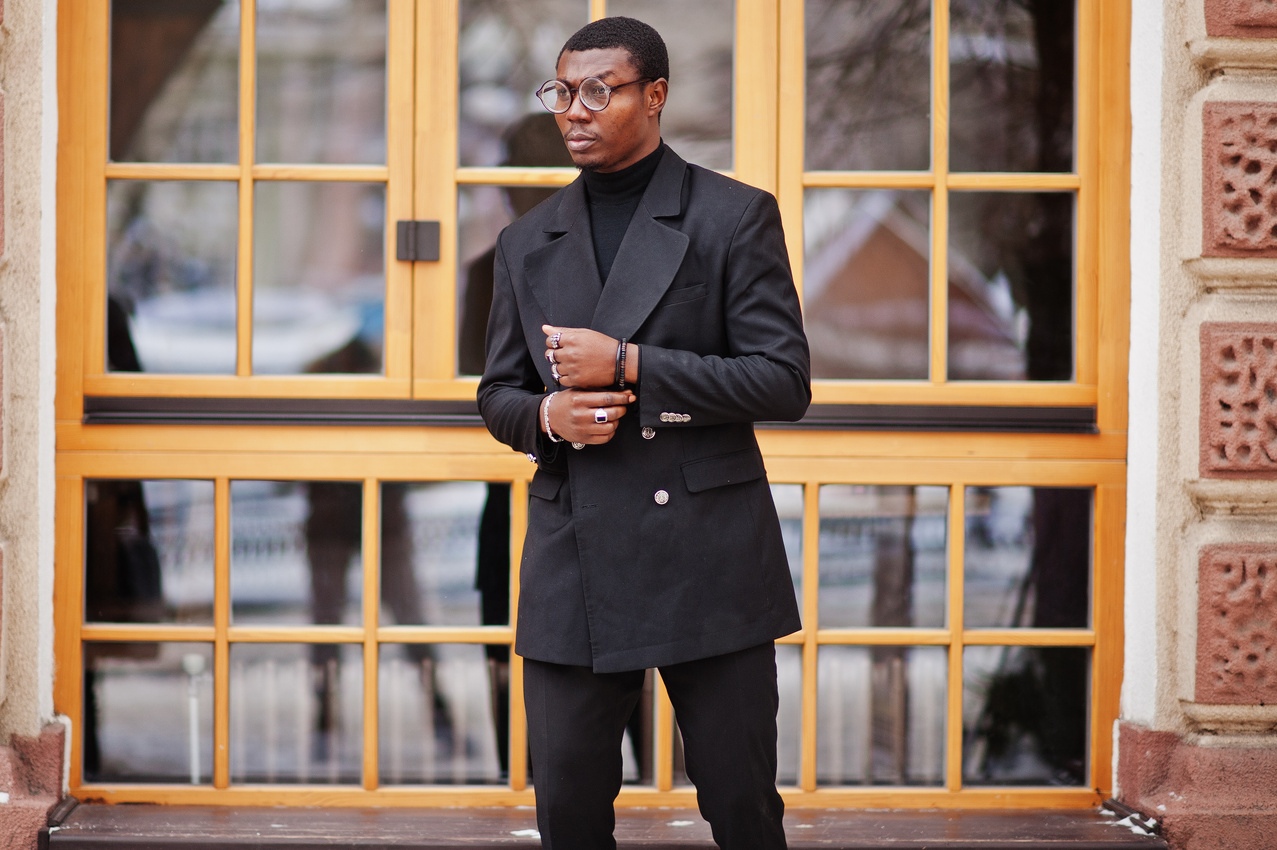 Stylish African American Gentleman in Elegant Black Jacket. Rich